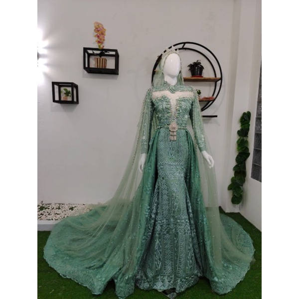 BAJU PENGANTIN DRESS JUBAH EKOR LEPAS WARNA HIJAU WARDAH UKURAN ALL SIZE TO L