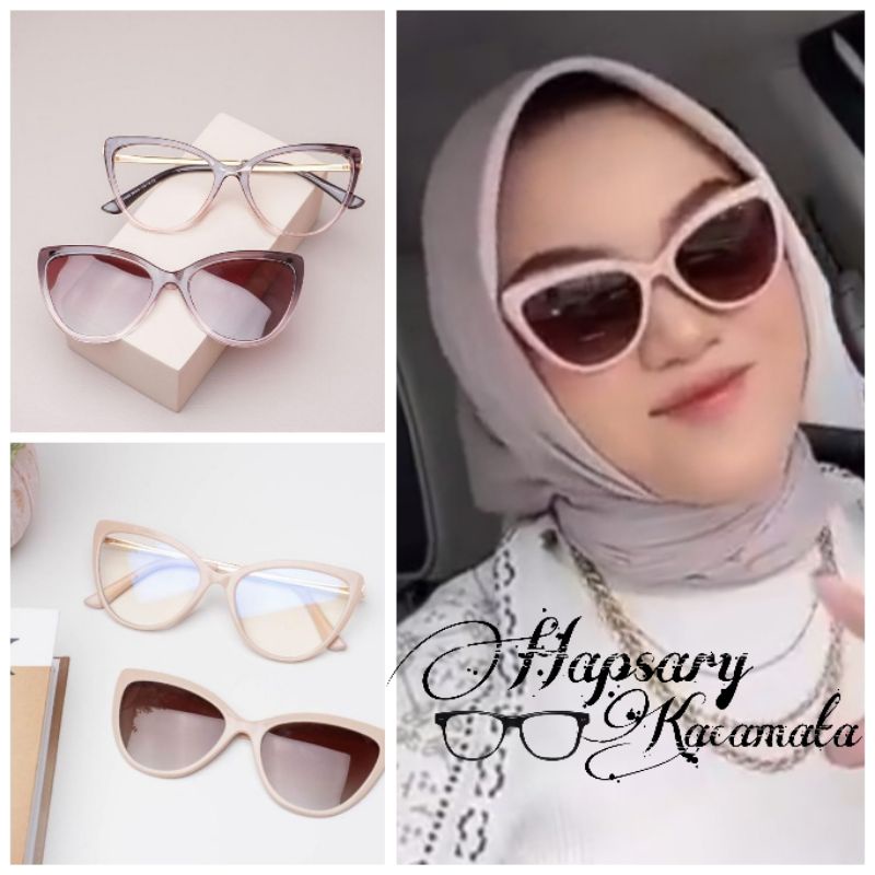 FRAME KACAMATA WANITA CAT EYE KLIP ON LENSA ANTI RADIASI &amp; ANTI UV | KACAMATA FASHION MINUS &amp; PLUS