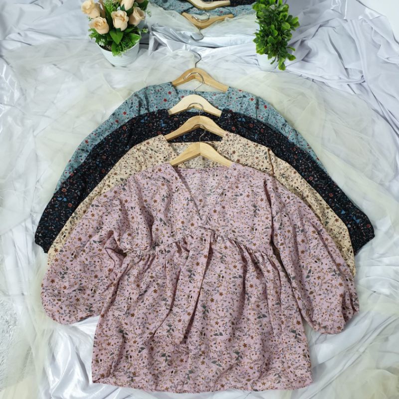 SESA BLOUSE VINTAGE FLOWY TOP | V Blouse Korean Style Vintage Wanita | atasan wanita blouse bunga