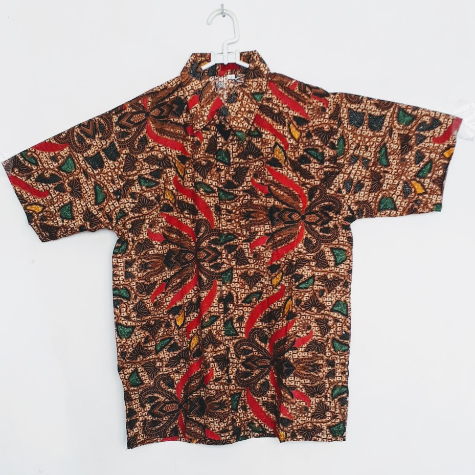 etnik fashion batik HAP kemeja hem katun nyaman bunga merah