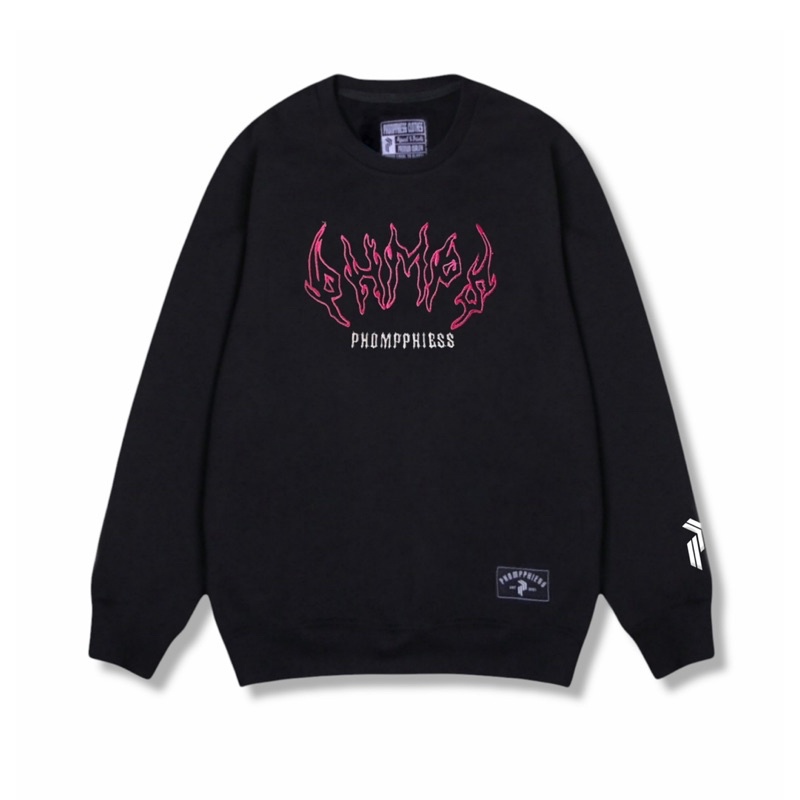 PHOMPPHIESS Sweater Crewneck Hitam Bordir Sweater Metal Pria wanita