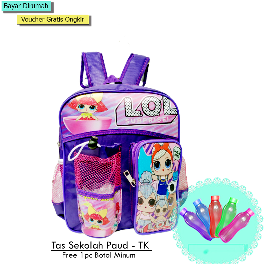 Tas Sekolah Anak TK Perempuan Free Botol Minum Topi dan Jam Tangan mainan Tas Sekolah Paket Hemat