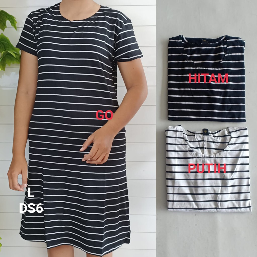 gof DS LMN DRESS/DASTER Wanita Casual Motif Salur Hitam Putih Pakaian Perempuan Lengan Pendek