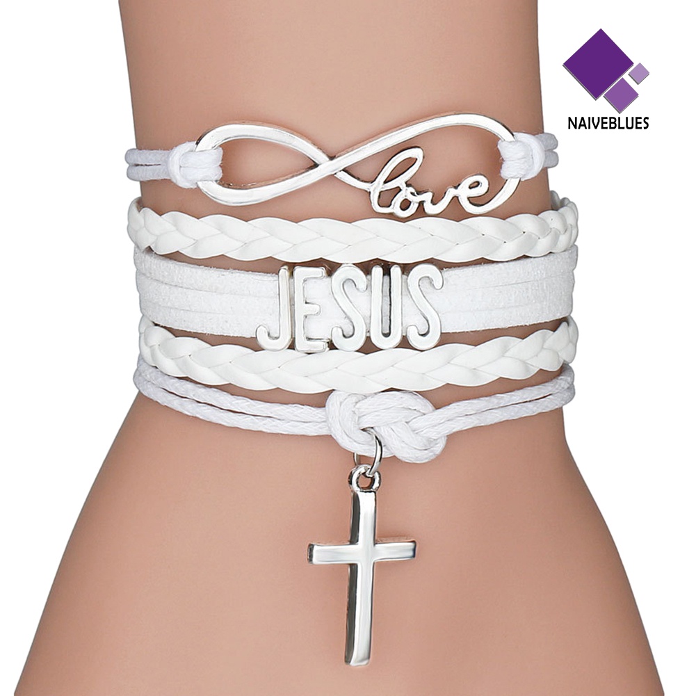 Naiveblue &gt; Gelang Tangan Tali Kepang Banyak Lapis Aksen Salib + Infinity + Love JESUS Untuk Unisex / Pria / Wanita