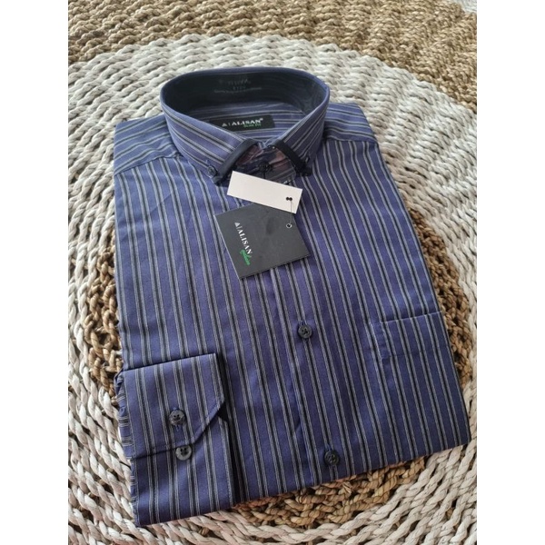 kemeja alisan motif garis garis lengan panjang slim fit