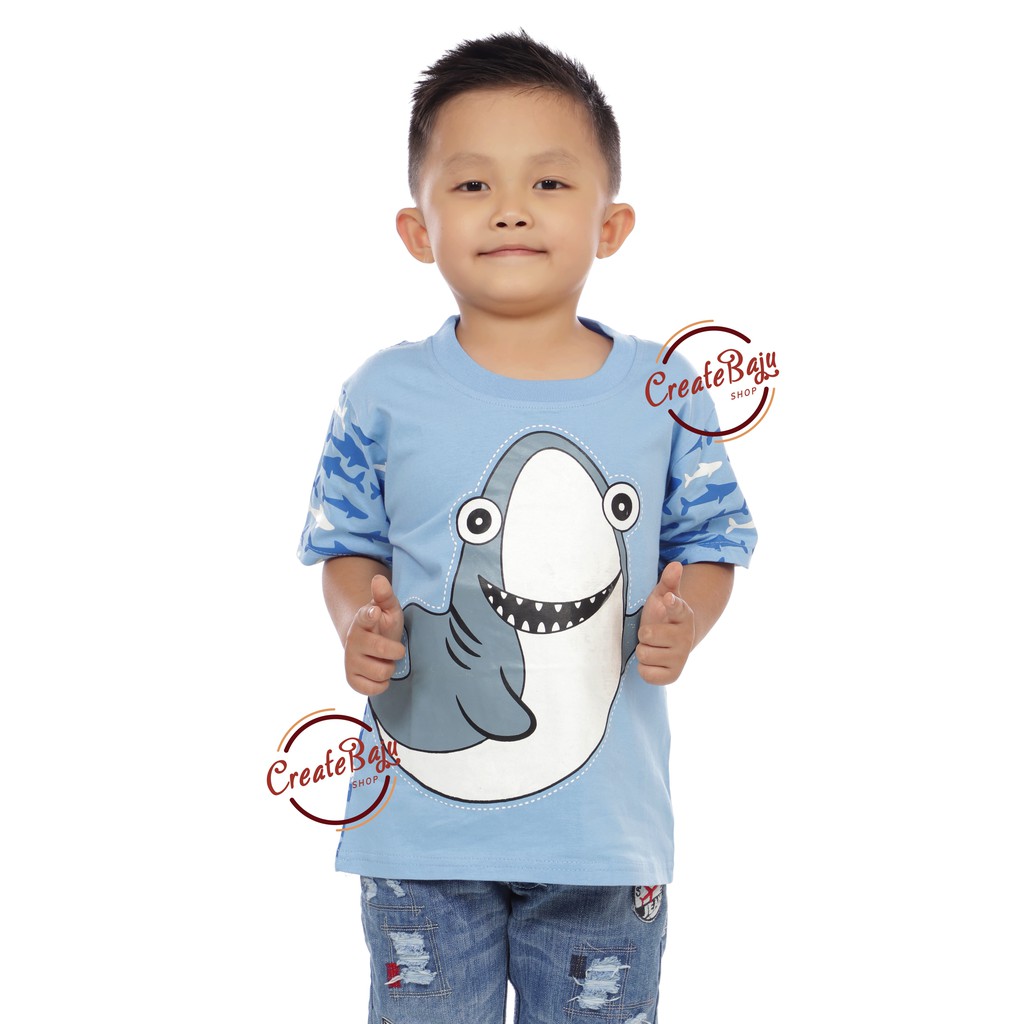 KAOS ANAK LAKI HIU BIRU 1-7 TAHUN BAJU ATASAN ANAK LAKI FASHION TERMURAH BAHAN KATUN