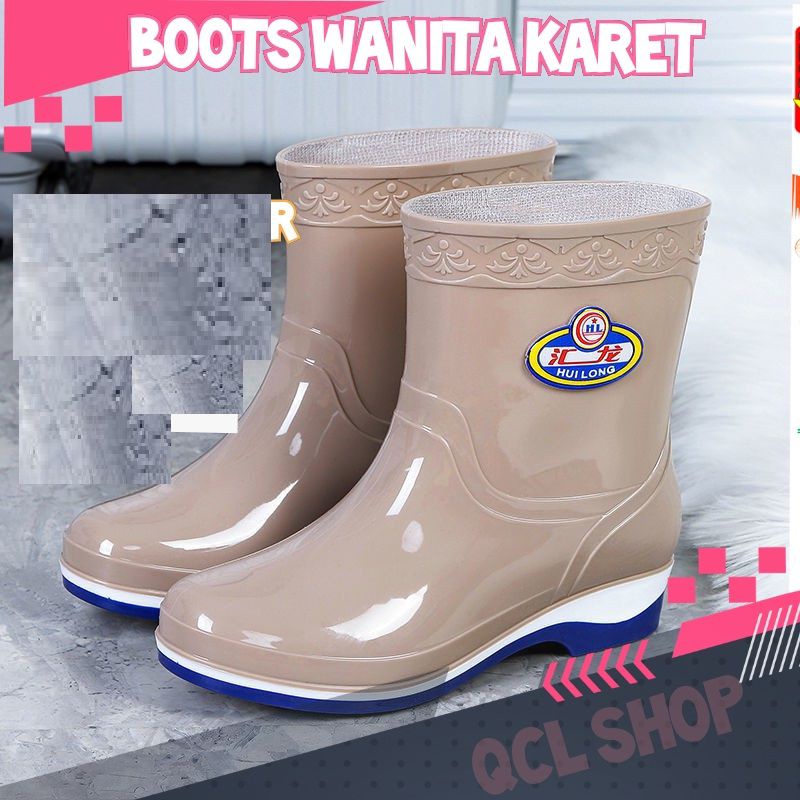 Sepatu Boots Wanita Low Hils Bahan karet