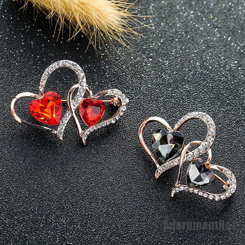 (Adornmentno1) Bros / Pin Desain Hati Ganda Hias Kristal / Berlian Imitasi Untuk Dekorasi Natal