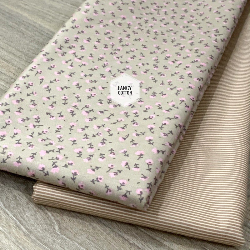 Kain Katun Jepang Motif Bunga Kecil Kombinasi Salur Halus Khaky Series