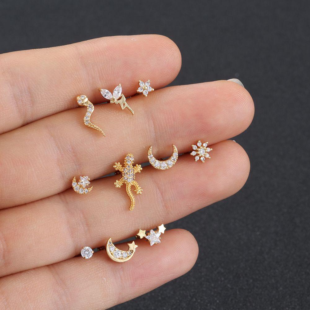 Lily 1PC Perhiasan Stud Telinga Tulang Rawan Helix Piercing Tokek Cicak Bulan Bintang Bunga Ear Studs