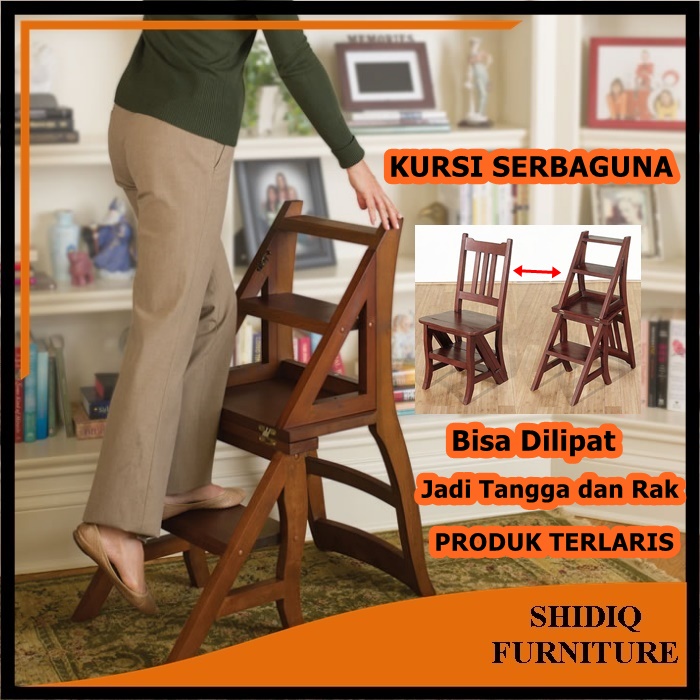 Kursi Serbaguna Kursi Tangga Lipat Dari Kayu Jati Bisa Dijadikan Rak Buku dan Pot Bunga