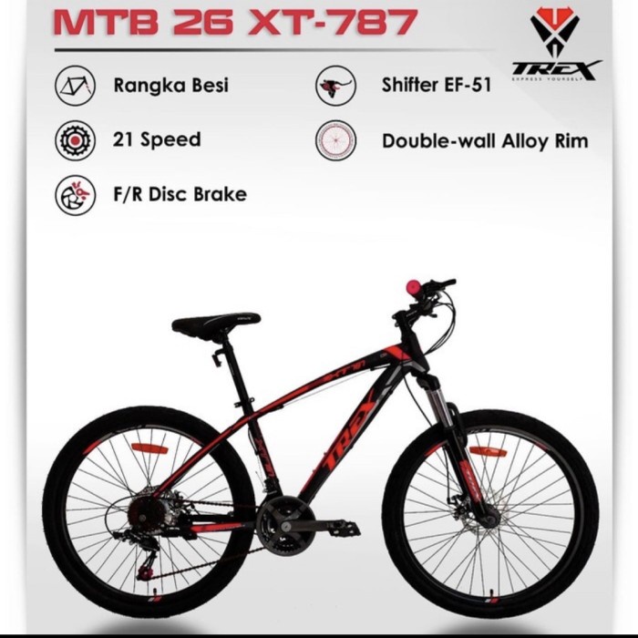 Sepeda Gunung MTB Trex 26 inch 21 speed frame hiten steel garansi COD - Black-Red