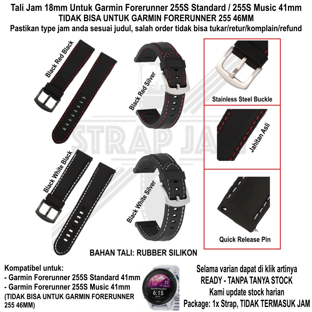 LLK Tali Jam Rubber Garmin Forerunner 255S / Music 41mm - Strap 18mm Silikon Dengan Jahitan Asli