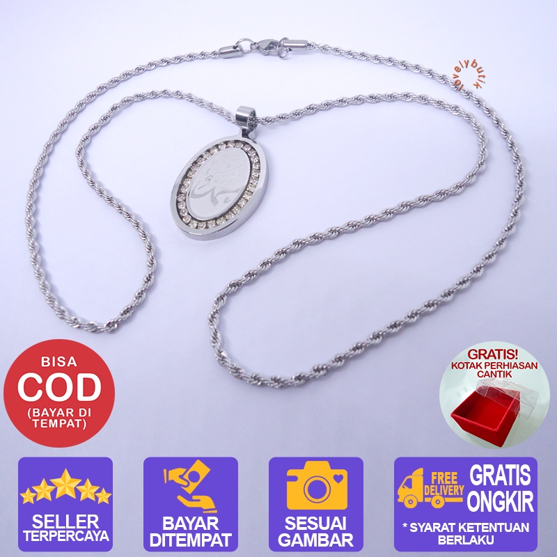 Lovelybutik Kalung Titanium Anti Karat Aisyah Kalung set Liontin Islam Ukuran 60 cm Bonus Kotak