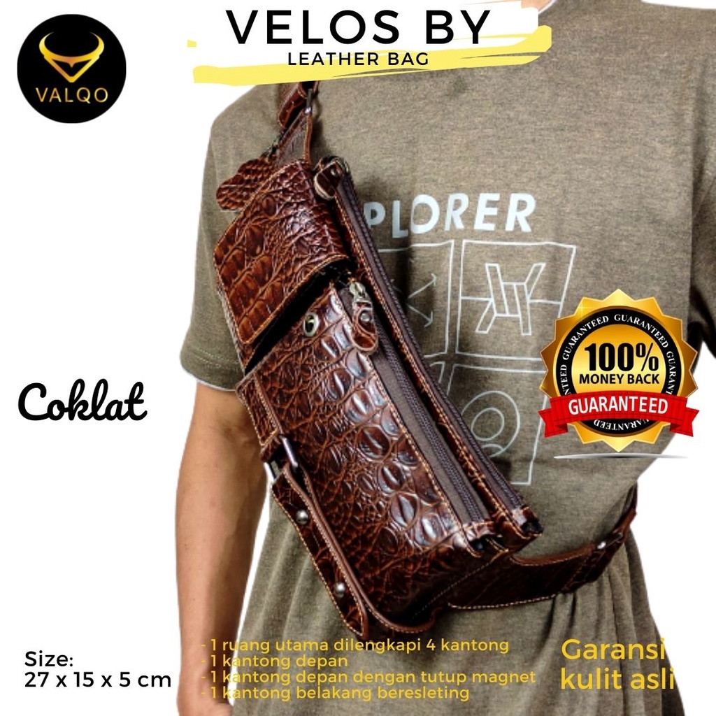 [VALQO] VELOS BY Tas Kulit Sapi Motif Buaya Waist Bag Dada Pinggang Sling bag Cowok Tas Pria