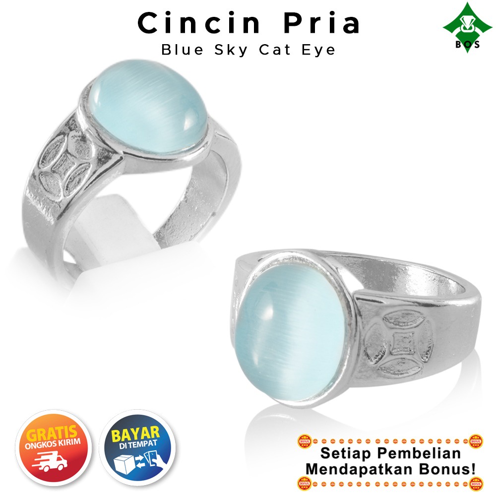 [Bayar Di Tempat] BOS Cincin Pria Batu Blue Sky Cat Eye Akik Kecil Kantoran Elegan