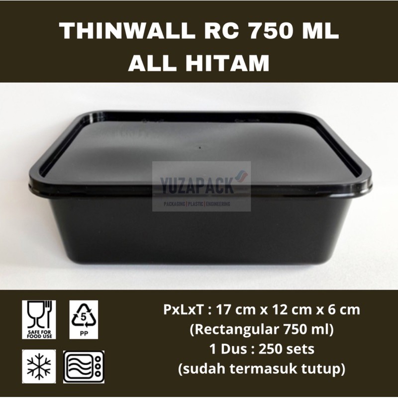 Thinwall Rectangular 750 ml All Hitam Food Container/ Take Away Box Plastics Microwave