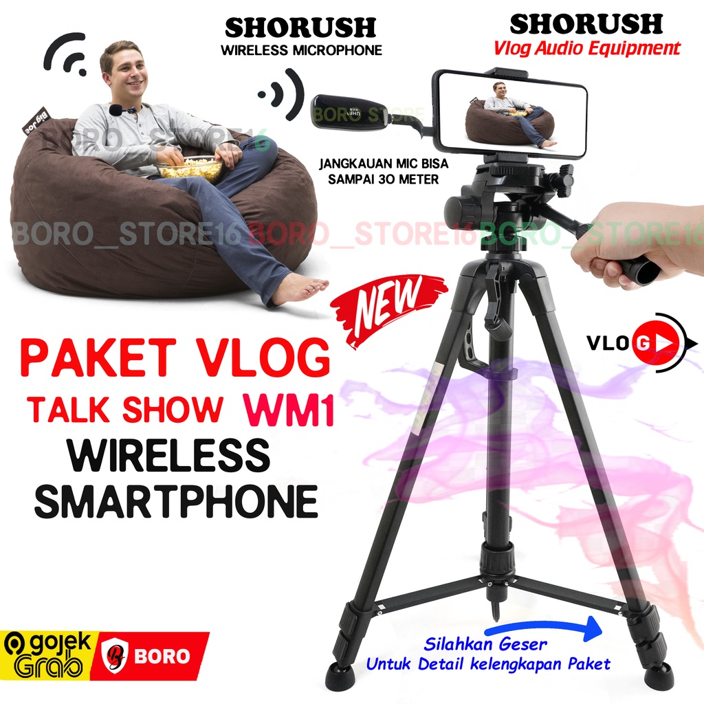 PAKET VLOG WM1 Microphone Mic Clip On Wireless UHF Shorush Tripod Holder HP Smartphone