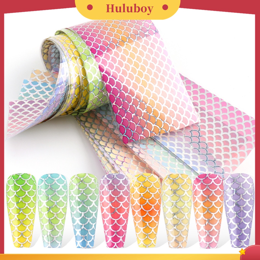 Huluboy Huluboy♡ 10 Pcs / Set Stiker Kuku Transfer Foil Desain Sisik Ikan Mermaid Warna-Warni Gradasi Untuk Manicure