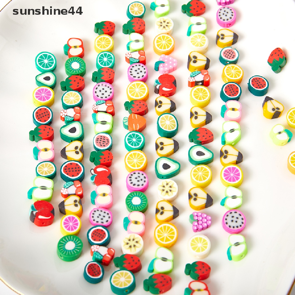 Sunshine 50 / 100pcs Manik-Manik Spacer Polymer Clay Bentuk Buah Campur Untuk Membuat Perhiasan