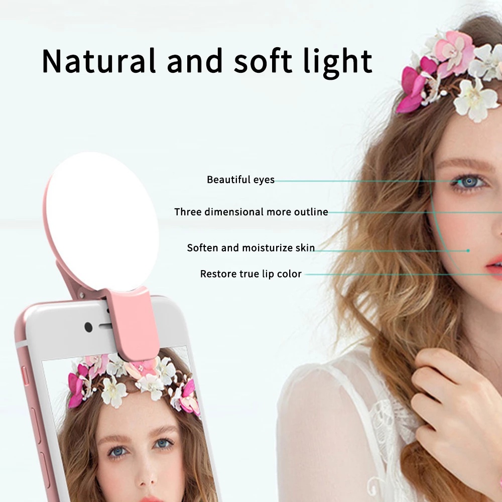 Portable Mini Selfie Ring Light/  3 Light Modes  Lens Beauty Fill Light/USB Rechargeable Clip Mobile Phone Fill Lamp/ Wome Adjustable Brightness Selfie Lights/ LEDS Lighting Night Darkness Lamp