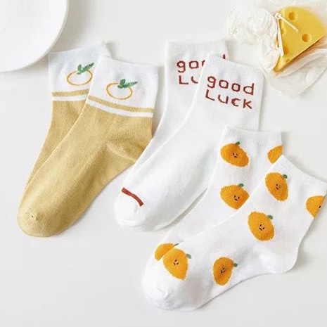 [littlecrab] Kaos Kaki Orange White Kaos Kaki Jeruk Oren Jingga Putih Kaos Kaki Panjang Cute Orange Women Socks Kaos Kaki Berkualitas High Quality Sock Korean Style