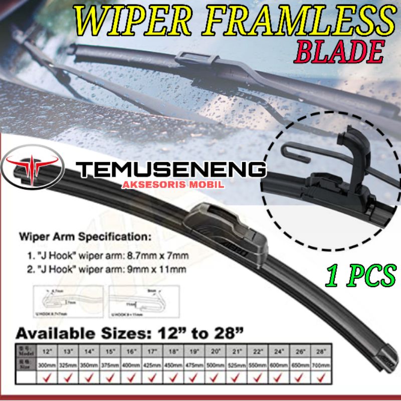 Wiper Blade Depan Mobil Frameless Mobil Lama - Baru Bisa!!  Pisang Lentur Universal Kaitan U Atau J 1Pc