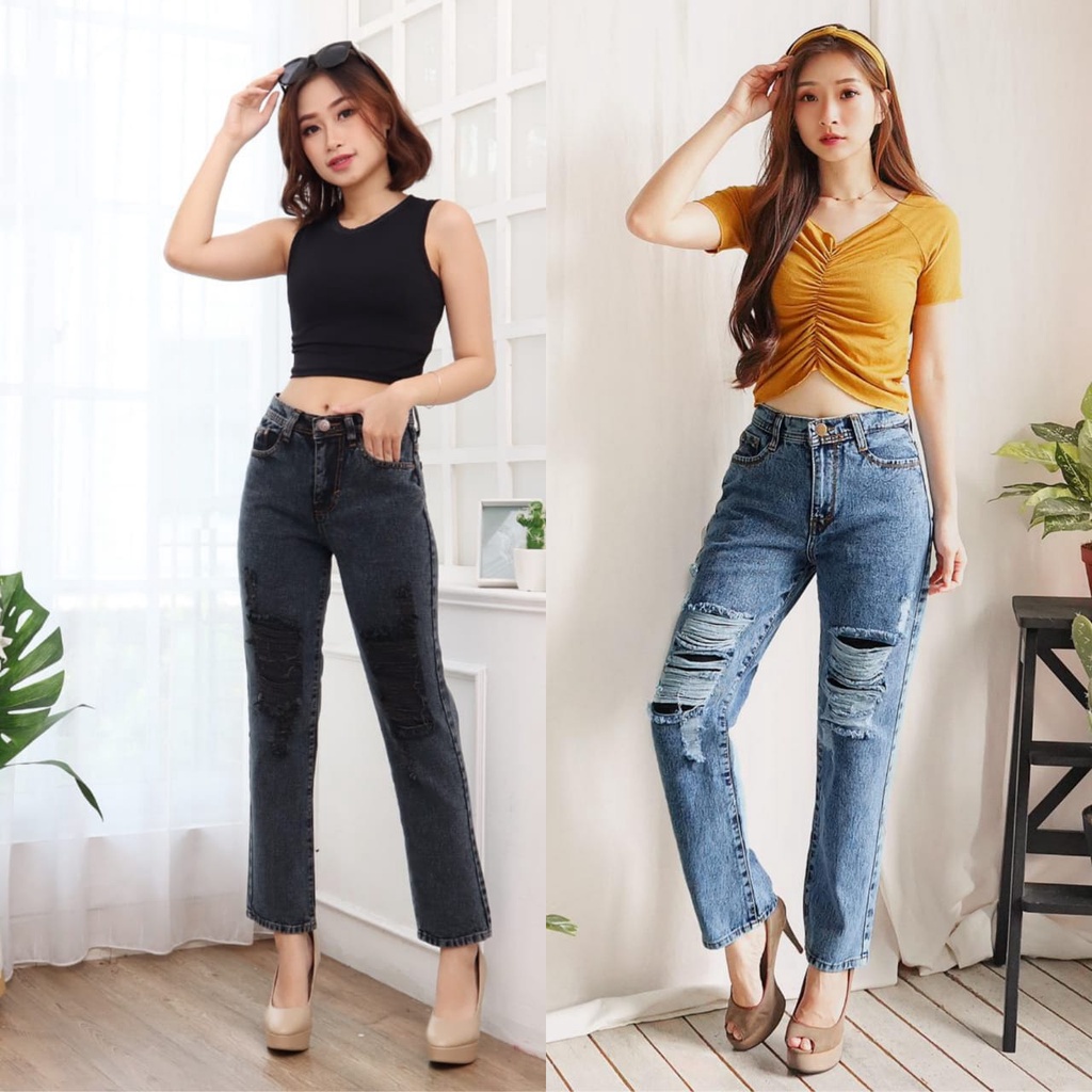 C7824  Blackpink Jennie Ombre Boyfriend Jeans Fwr - Celana Boyfriend Ripped Elline