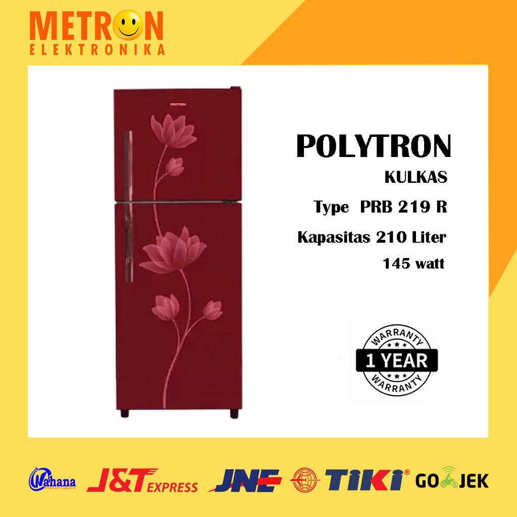 POLYTRON PRB 219 R / RED METAL DOOR LEMARI ES KULKAS 2 PINTU 210 LITER RAK TEMPERED GLASS / PRB219R