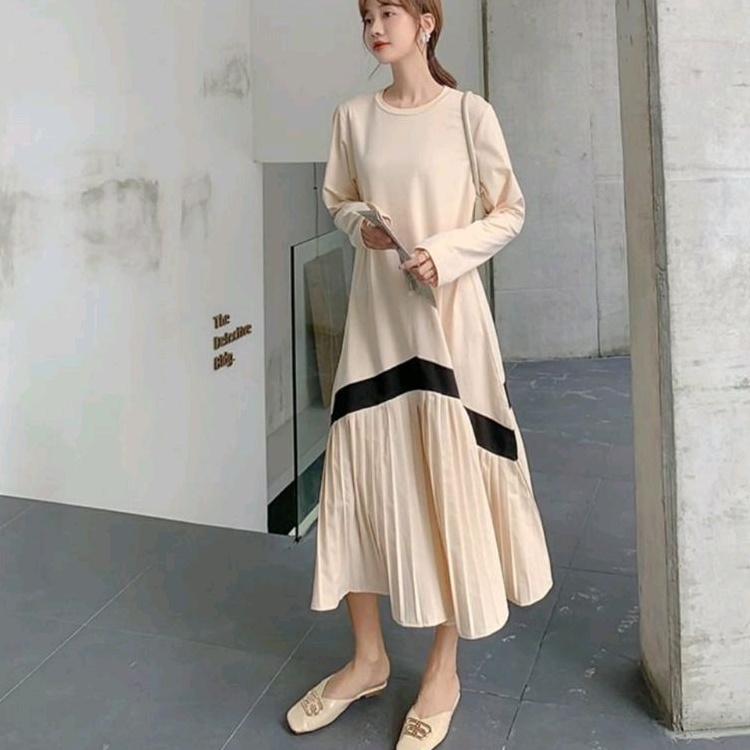 96910 Baju Midi mididress gaun DROP WAIST lengan panjang kombinasi plisket ala Korean style wanita i