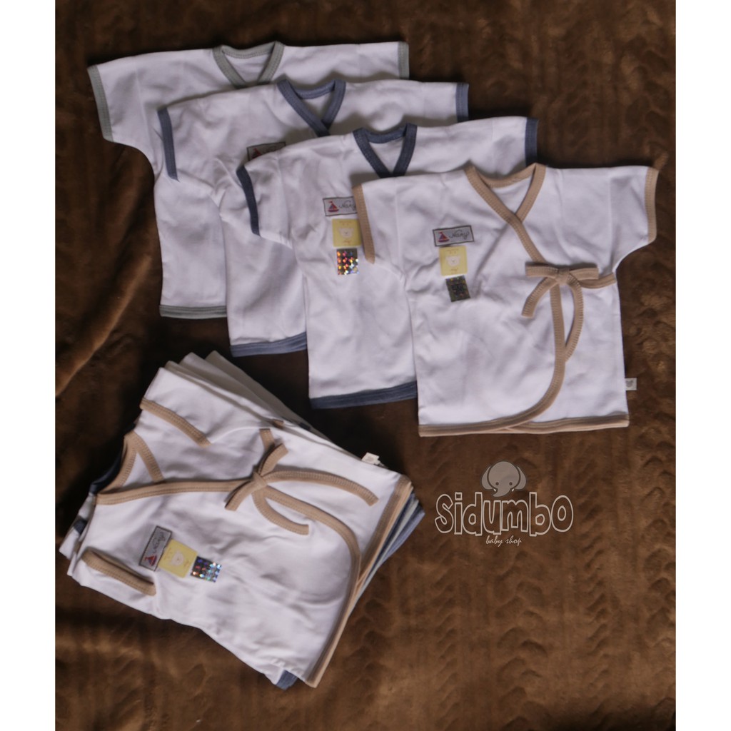Nary - Baju Kimono Bayi Putih Tangan Pendek List Denim Premium Cotton (0-6 Bulan)