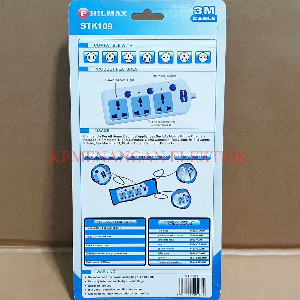 PHILMAX STOP KONTAK 3 LUBANG / COLOKAN KABEL 3 SOCKET + SWITCH / SAKLAR KABEL 3M STOPKONTAK 3 METER / COLOKAN LAMPU MASING MASING SWITCH 3 LOBANG 3METER