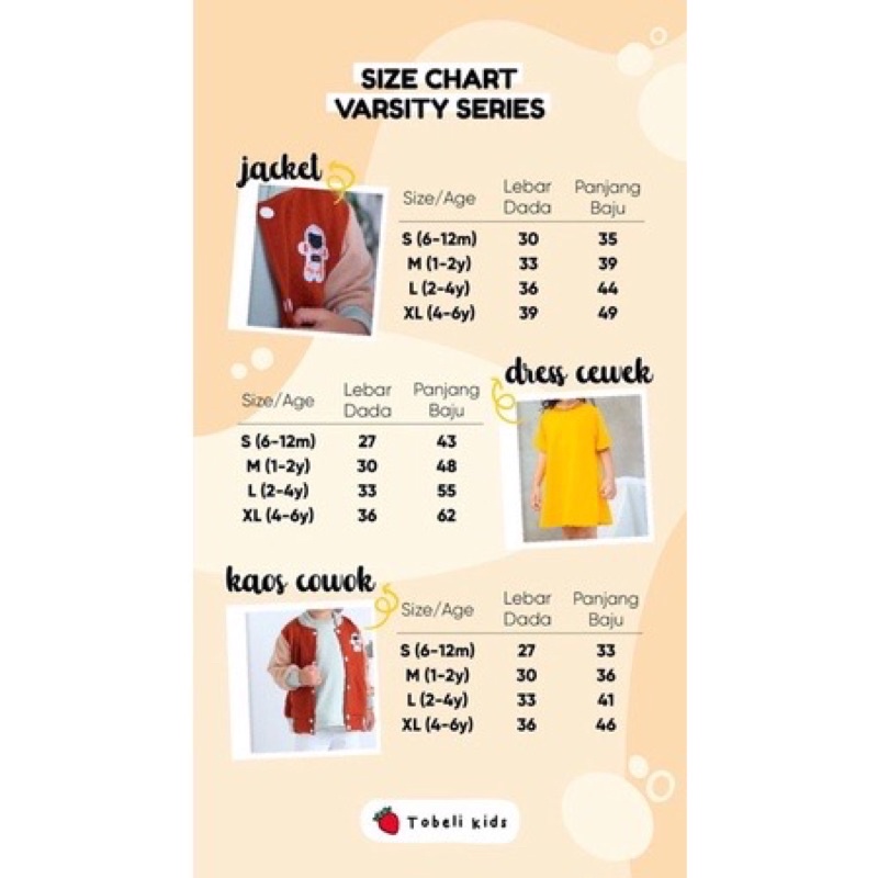 VARSITY Series Jaket Bomber Couple Anak Free Inner Kaos / Dress 6bl-6th