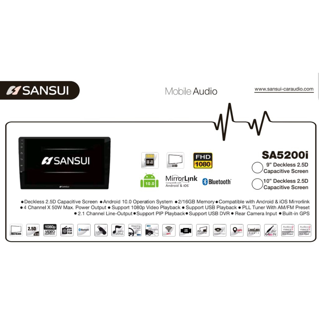 Head Unit Android Sansui SA5200i 10 inch Ram 2/16GB VOICE COMMAND