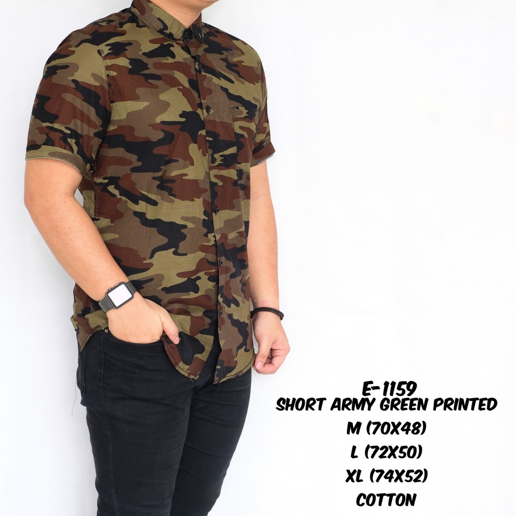 Halocloth E-1159 Baju Kemeja Motif Loreng Lengan Pendek Cowok Pria Murah Short Army Green Printed