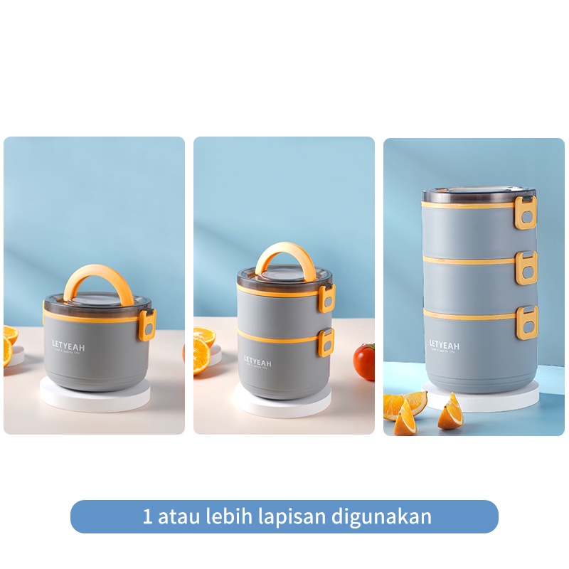 Letyeah &amp; Anantagt kotak makan bulat plastik 3 susun 2200ml portable/lunch box set anti tumpah tetap hangat Free sendok