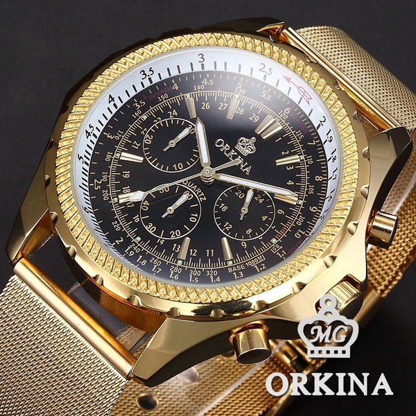 ORKINA watch Steel Mesh Band 6 Hand Chronograph Golden Black Analog Quartz Men's Gentle Business