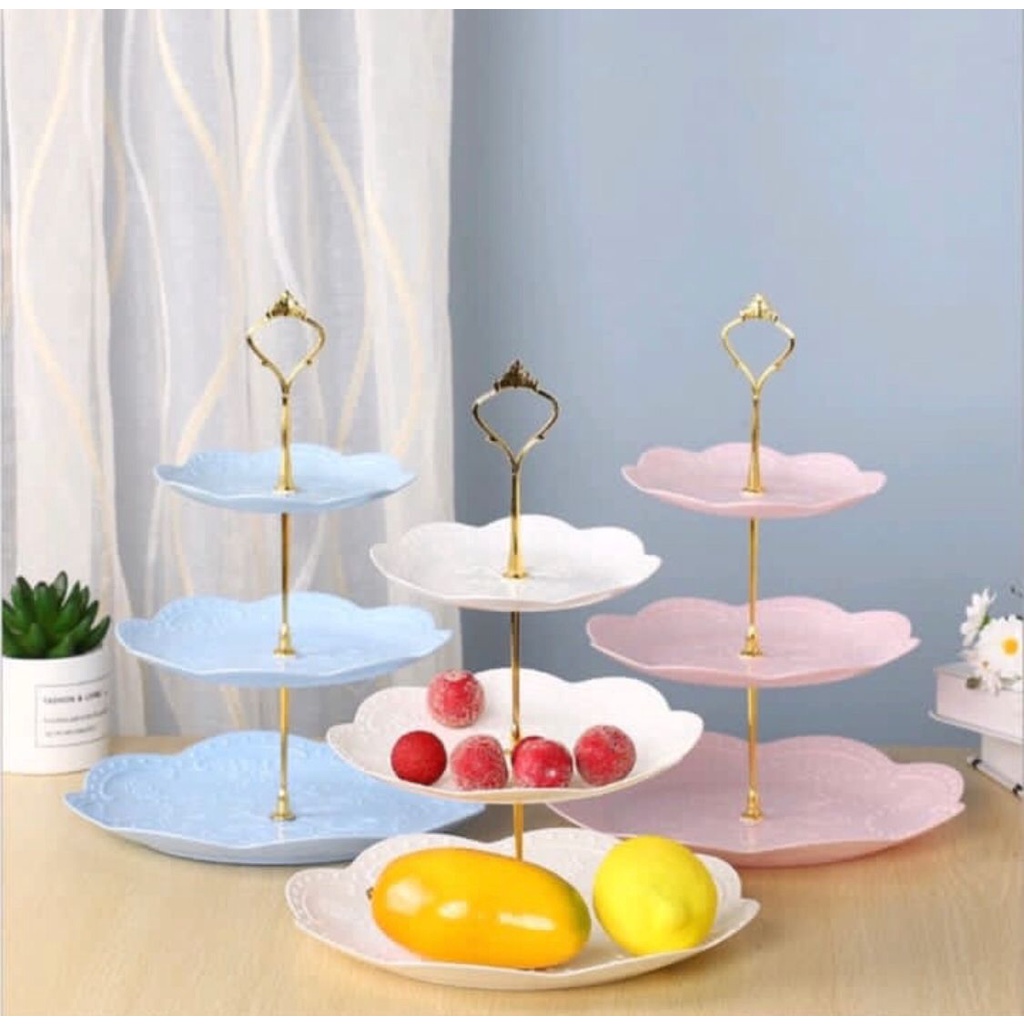 Piring 3 tier / Rak Tempat Kue 3 Tingkat / Piring Saji 3 susun / cupcake holder / tempat hidangan biskuit bertingkat / piring hidangan kue buah permen cookies / piring hidangan serbaguna ulang tahun pesta tamu arisan