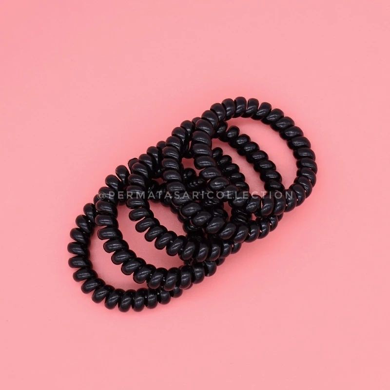 Ikat Rambut Elastis / Kunciran Spiral / Kuncir Kabel Telepon / Hair Ties Telephone Hitam Kecil Besar