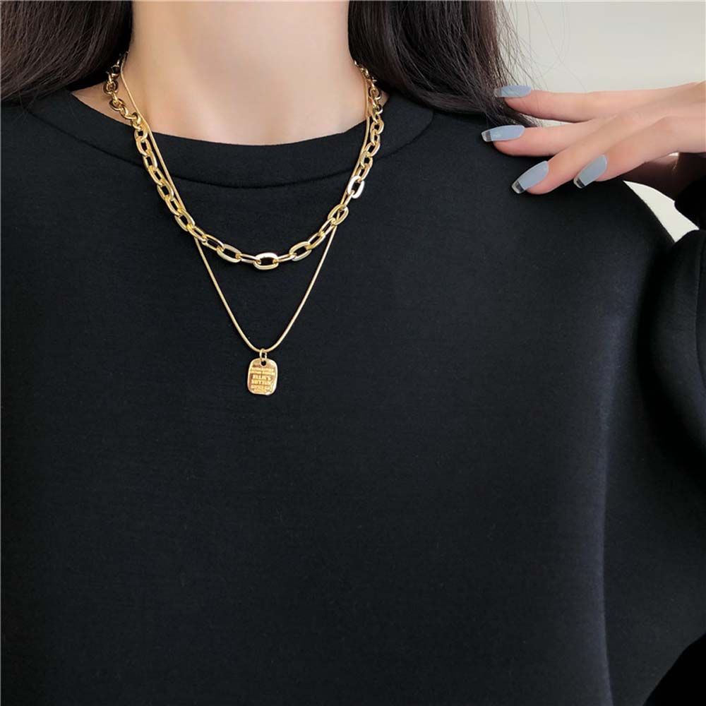 Needway  Korean Double Layer Necklace Girls Fashion Jewelry Clavicle Chain Women Metal Pendant Punk Hip-hop Personality Simple Alloy/Multicolor