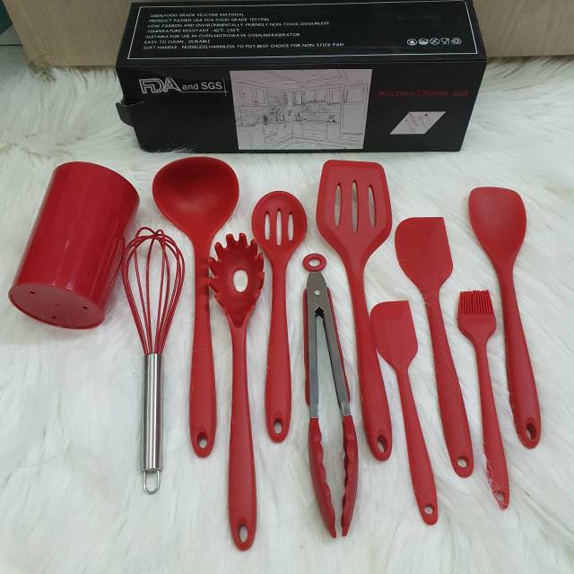 Set spatula isi 10 red sutil kuas whisk sodet tongs capit centong tahan panas food grade with gelas