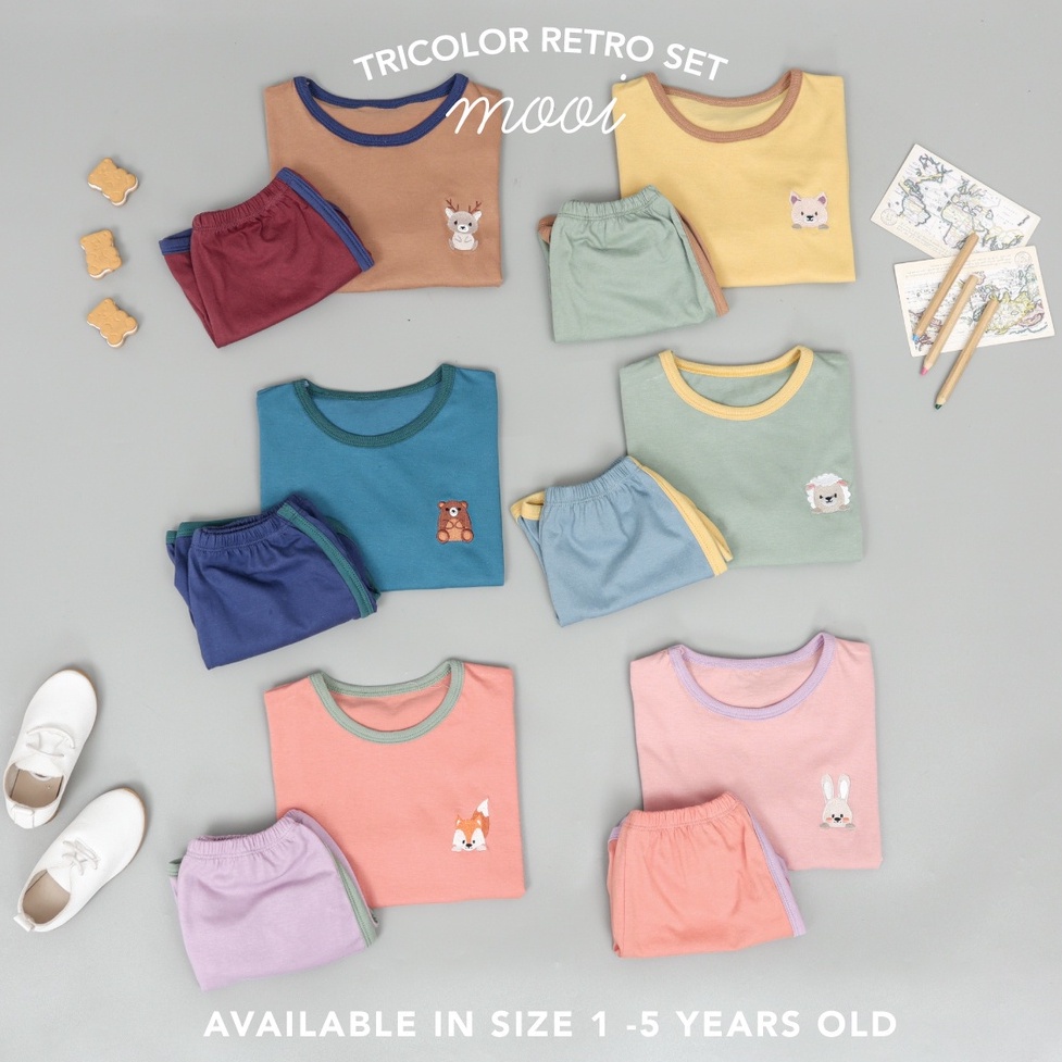 IL - Setelan Anak Kaos Anak Retro Set Tricolour | Setelan Anak Katun / Playset / Basic Tee Hotpants