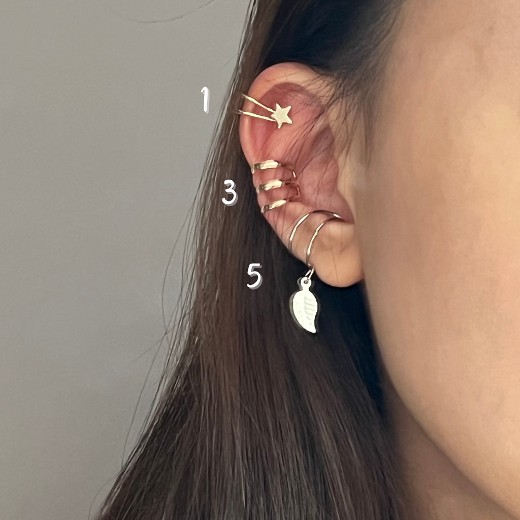 Star Leaf Clip Earring - Anting Cuff / Earcuff / Anting Jepit Tanpa Tindik / Anting Klip / Anting Daun / Anting Bintang