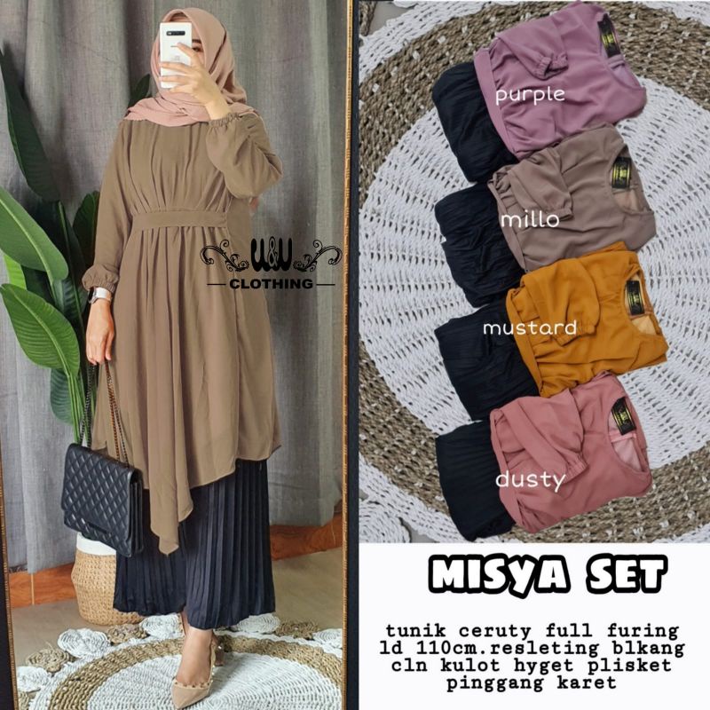 MISYA SET TUNIK CERUTY FULL FURING RESLETING BELAKANG CELANA KULOT HYGET PLISKET PINGGANG KARET BY W