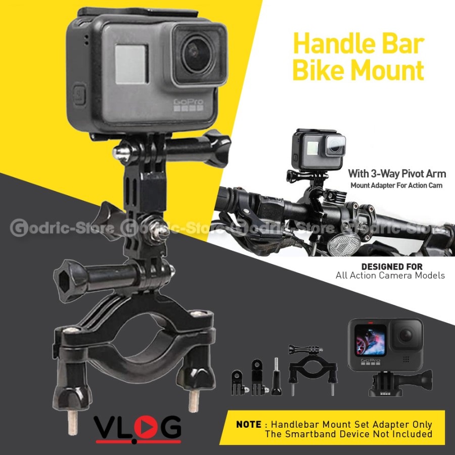 Bike Handle Bar Mount with 3-Way Adjustable Pivot for GoPro, Action Cam, Xiaomi Yi