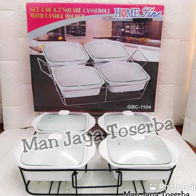 Wadah saji / Prasmanan Keramik / Pemanas 4 wadah tutup kaca HomeLine