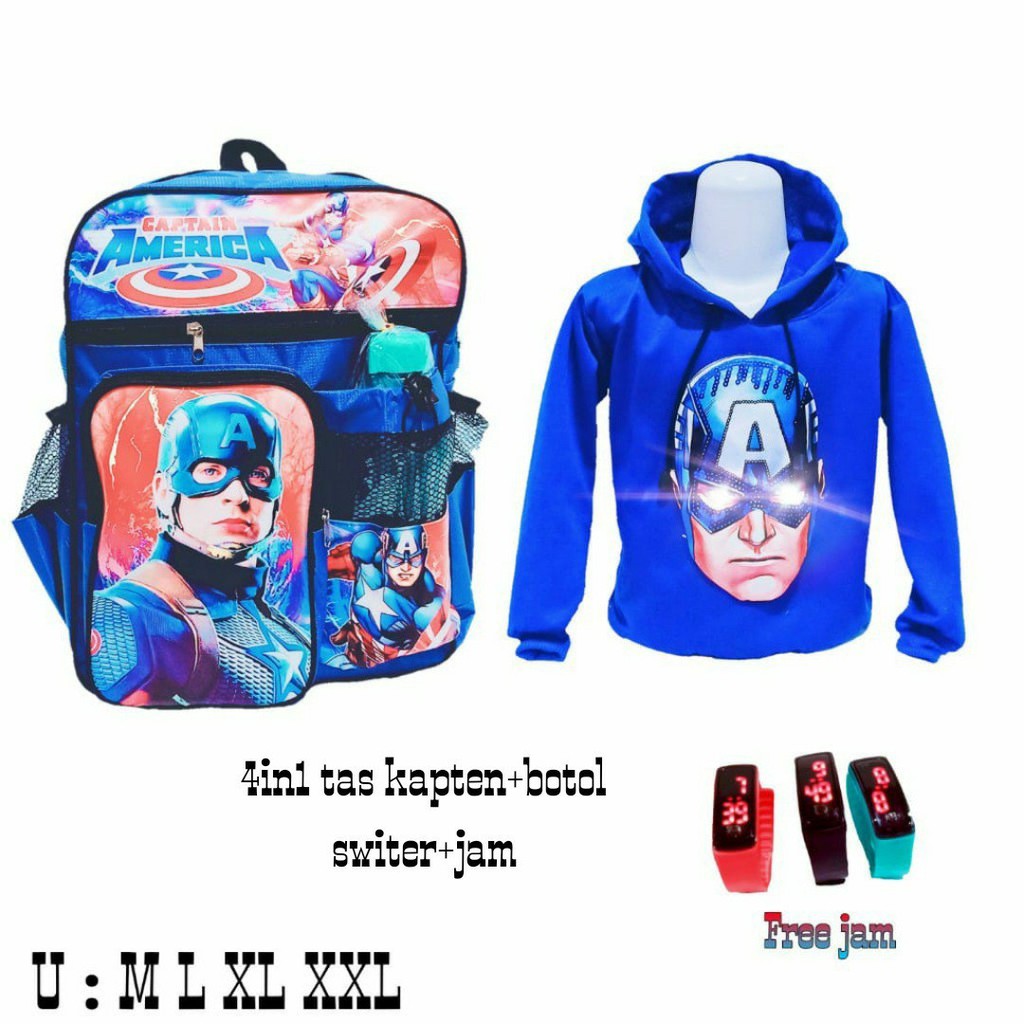 Tas Backpack Tas Sekolah TK SD Ransel dan Hoodie Superhero Captain Amerika 4in1