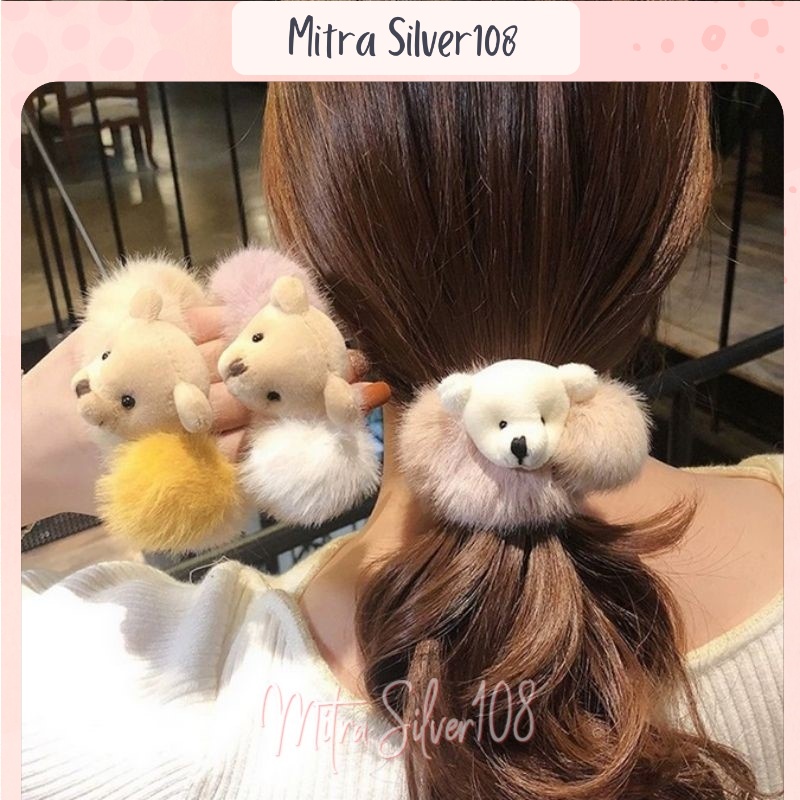 [MS108] KCR 03 - IKAT RAMBUT TEDDY BEAR LEMBUT SCRUNCHIE BULU LEMBUT KARET CEPOL WANITA