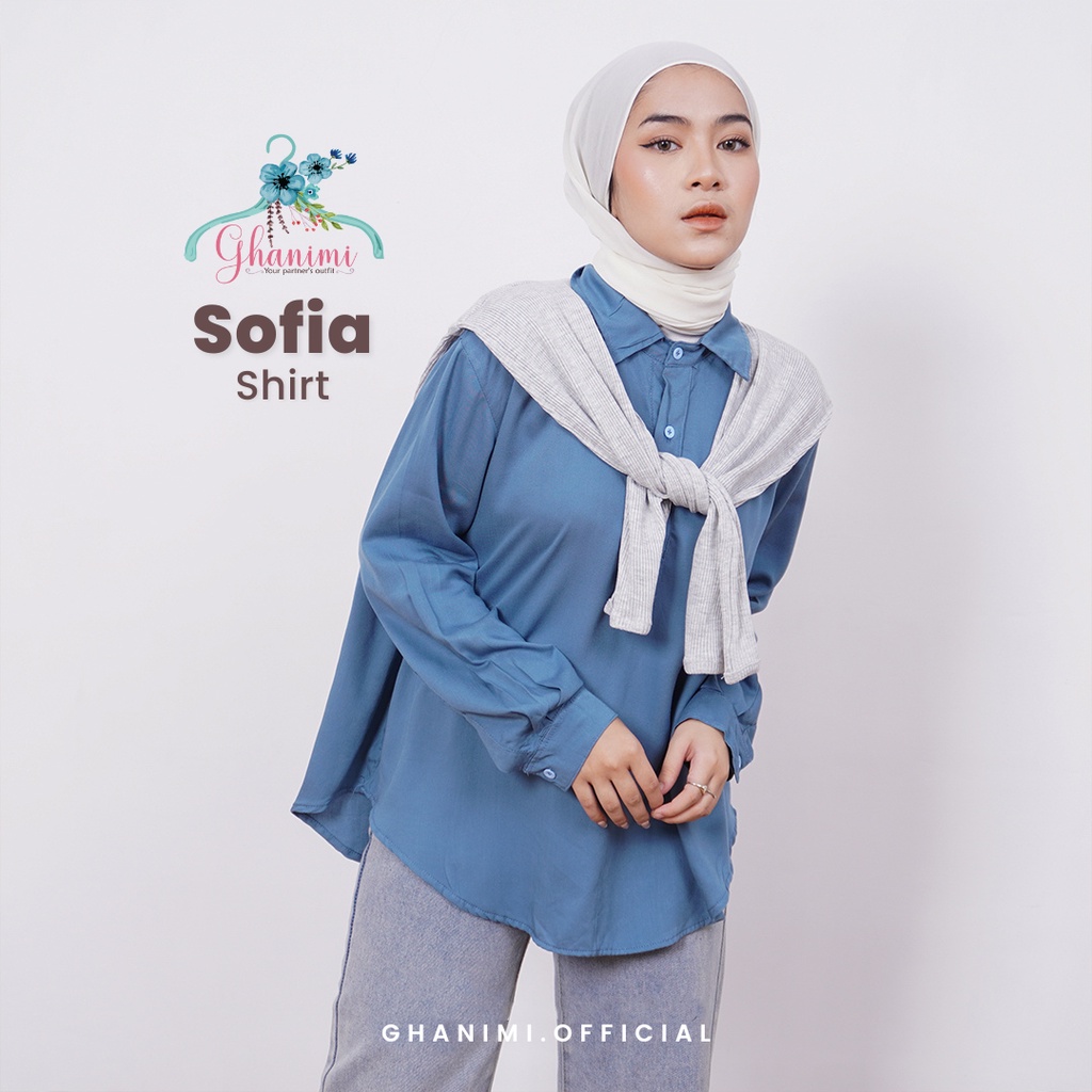 Ghanimi - Sofia Shirt / Kemeja Polos Syal / kemeja kerja casual simple polos murah / atasan simple kancing kerah rajut lengan panjang wudhu friendly