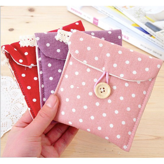 Dompet Tempat Pembalut Tissue Mini Tas Kain Traveling Motif Polkadot Organizer